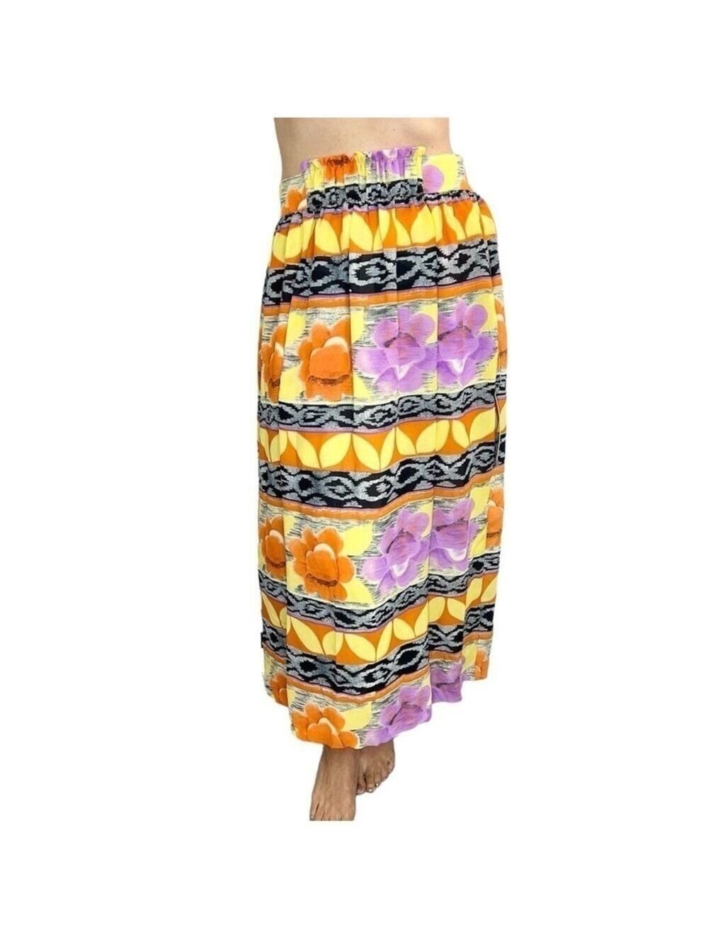 NWT Vintage 80s 90s orange purple yellow floral print chiffon full maxi skirt 10